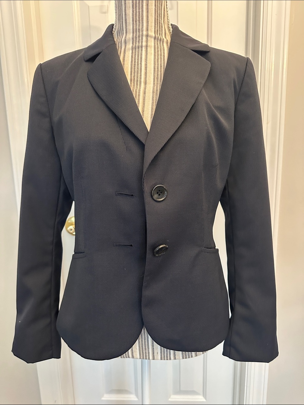Ann Taylor Dark Navy Texturee Two-Button Notched Blazer